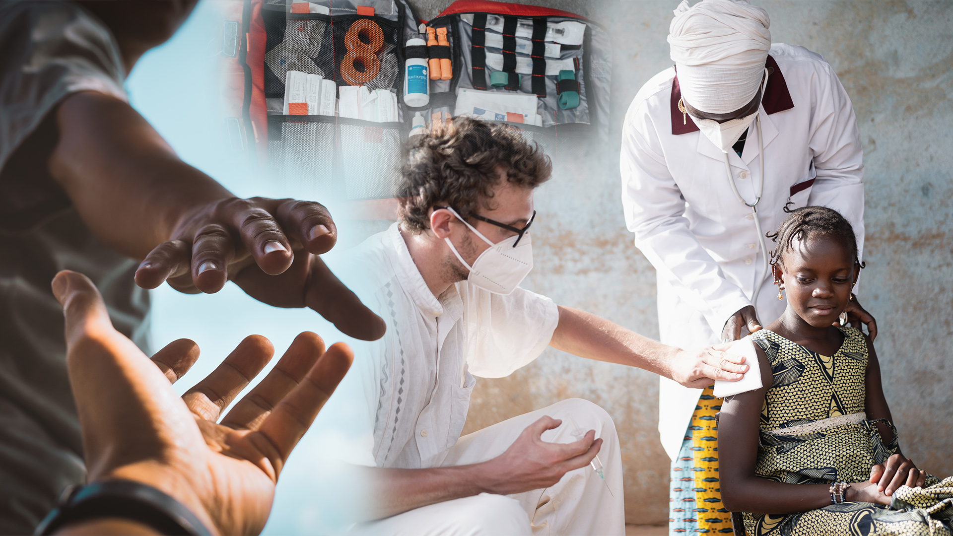 Collage of doctors helping patients