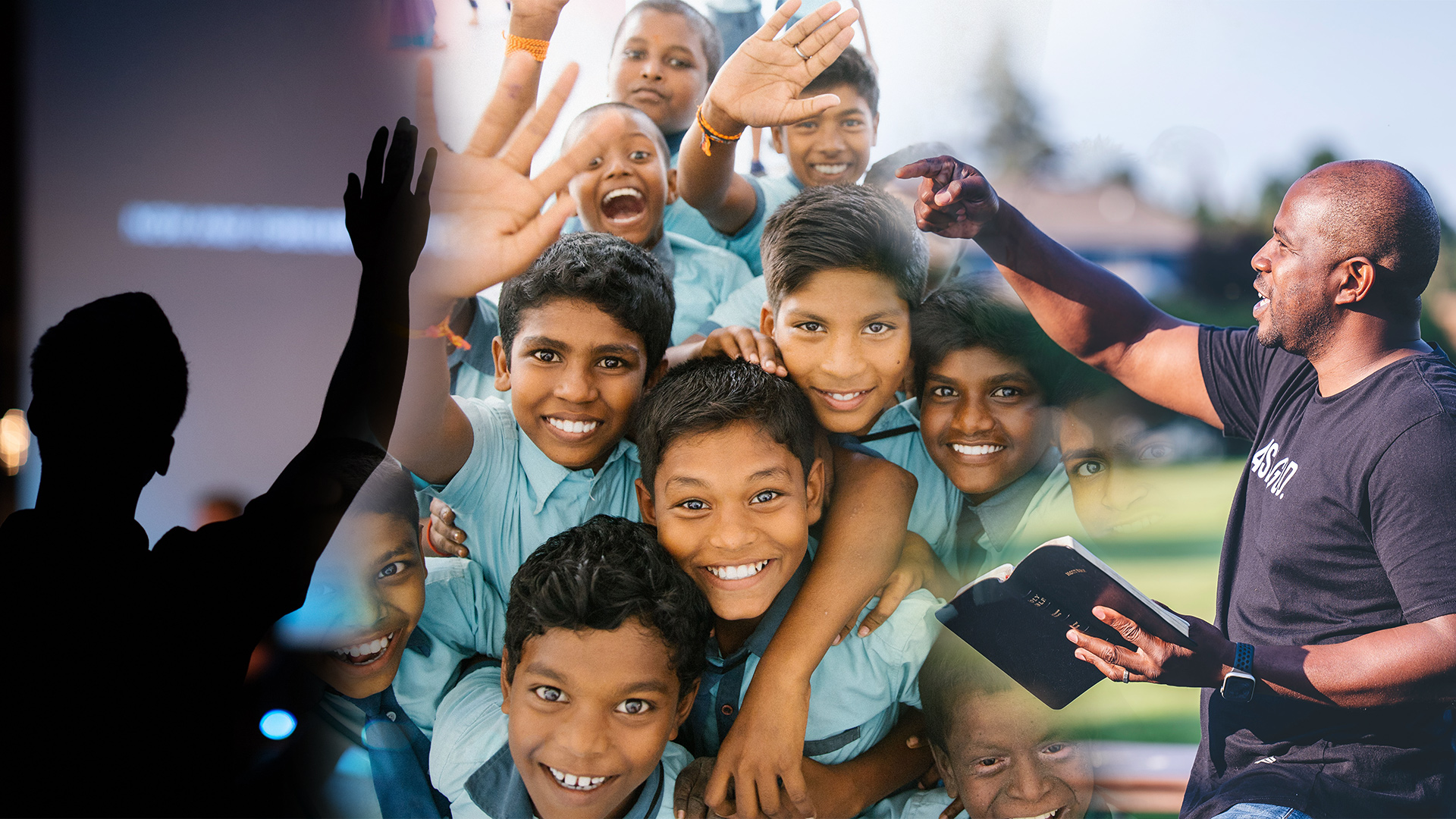 Collage of man worshipping, group of students, and man preaching with a bible