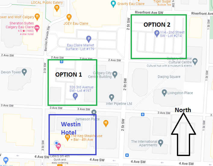 Parking map for The Westin Calgary showing Option 1, Option 2, and hotel location
